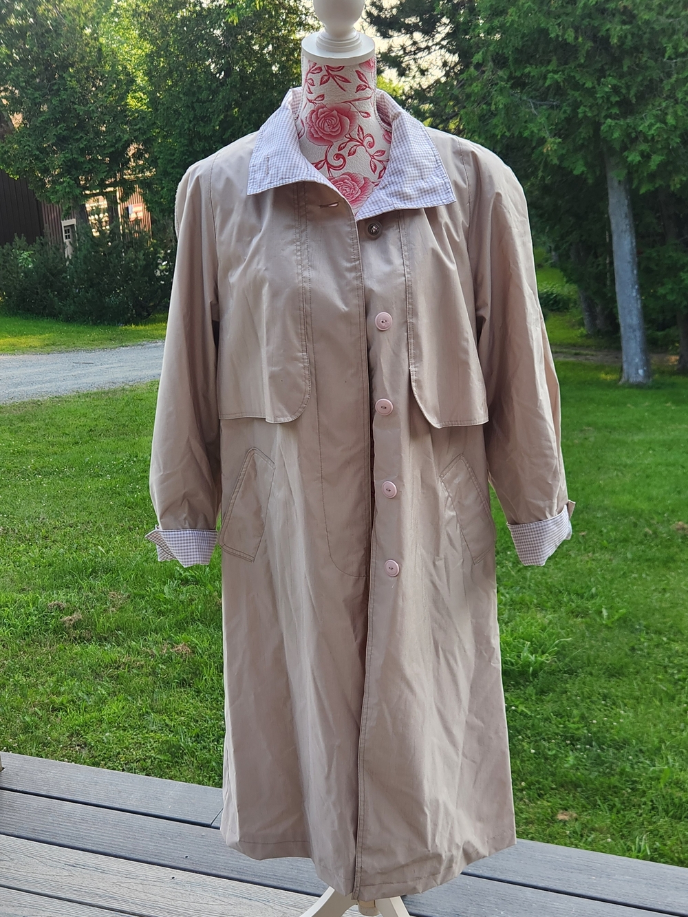 Women's Light Beige Trench Coat with Contrast Check Collar